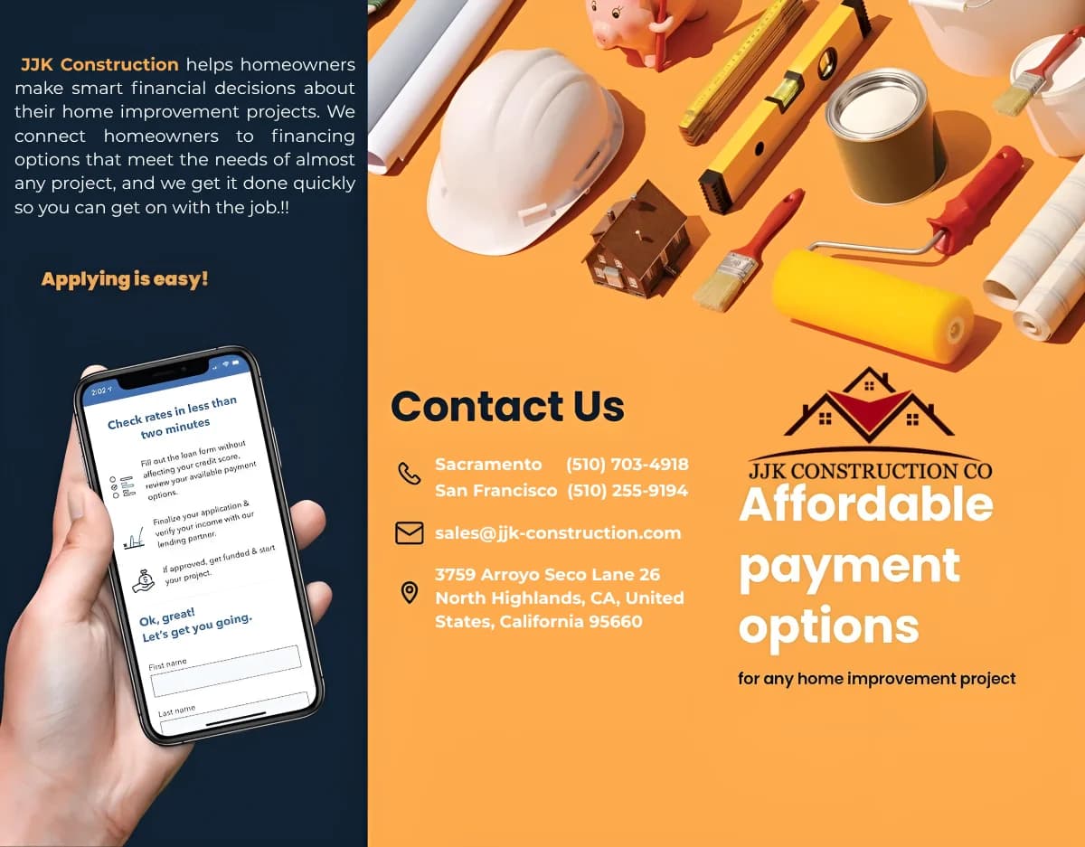 JJK Construction Co financing flyer explaining how to check rates with Hearth in under two minutes