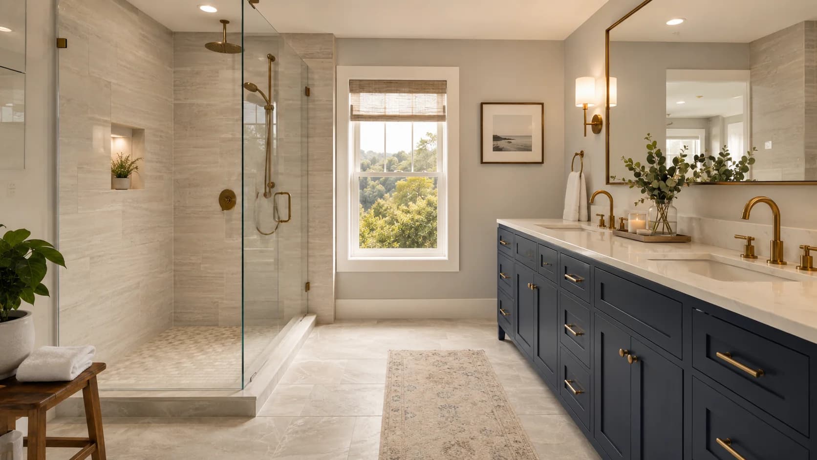 Remodeled bathroom with a double vanity, brass fixtures and hexagon tile flooring