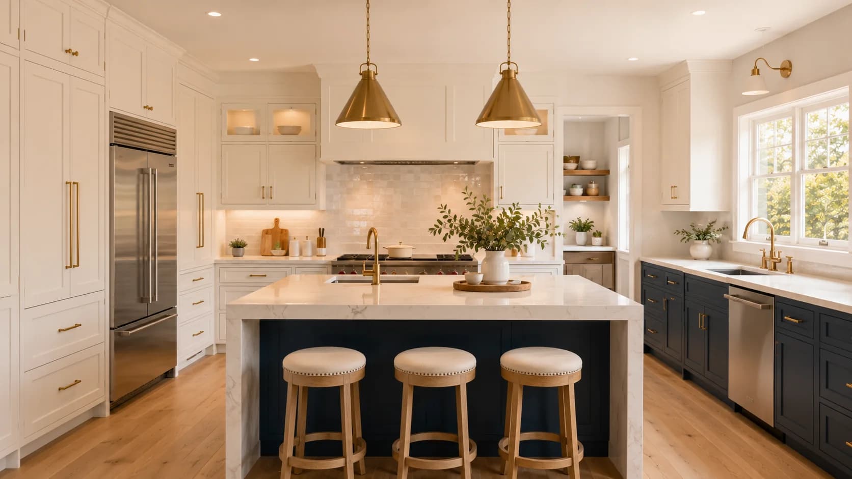 Remodeled kitchen with a quartz peninsula, shaker cabinets and pendant lighting