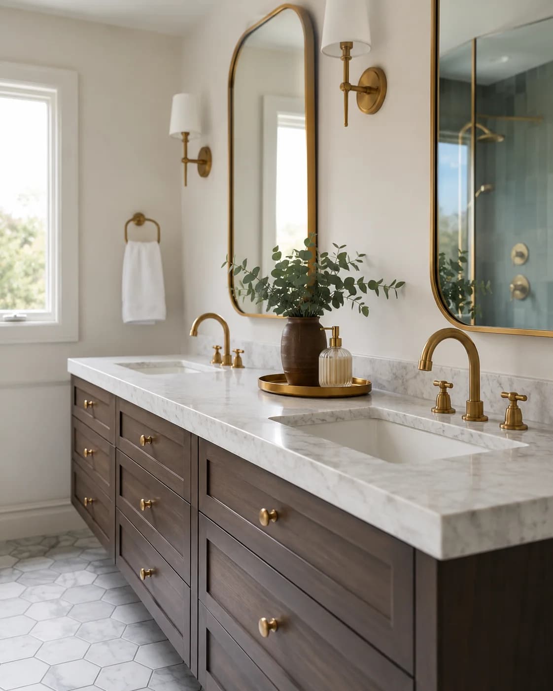 Completed bathroom remodel with a double vanity, brass fixtures and hexagon tile flooring