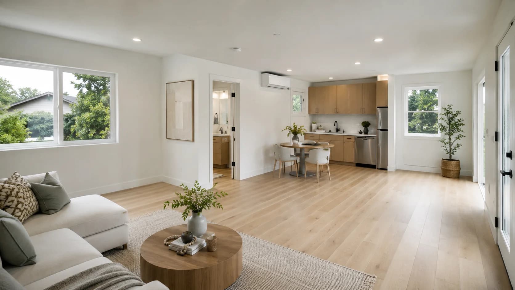 Open-concept living, dining and kitchen space with light wood flooring