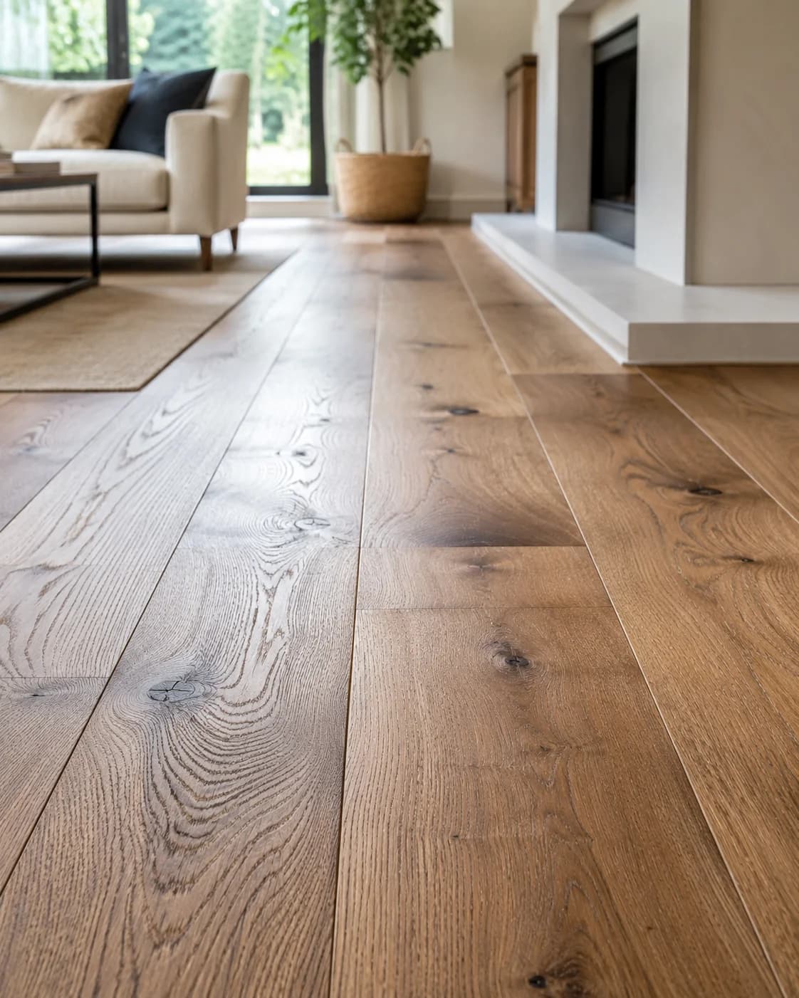 Completed wide-plank hardwood flooring with a natural wood grain finish