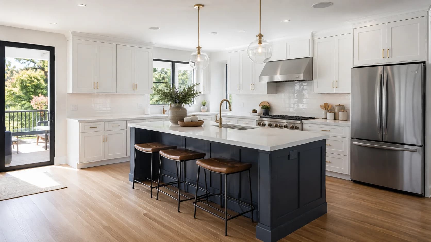 White kitchen with a navy island, brass pendant lighting and stainless appliances