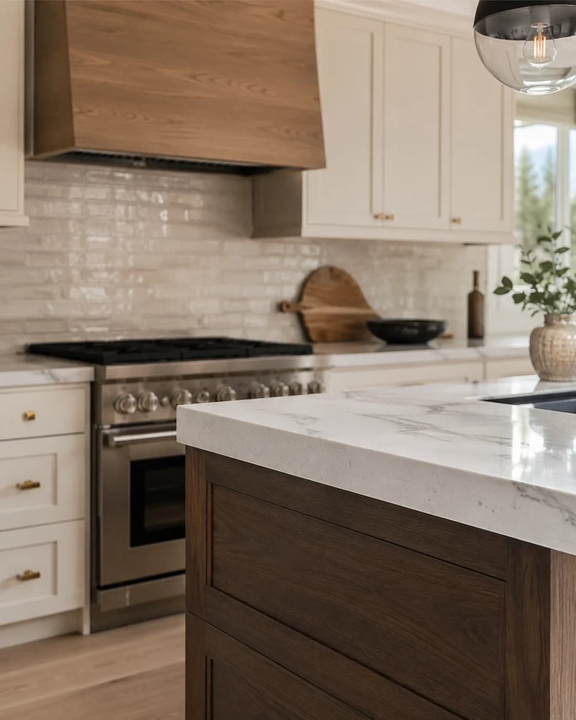 Completed kitchen remodel with a quartz peninsula, shaker cabinets and pendant lighting