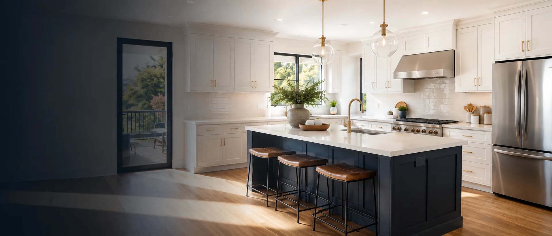 Remodeled kitchen with a quartz peninsula, shaker cabinets and pendant lighting, completed by JJK Construction